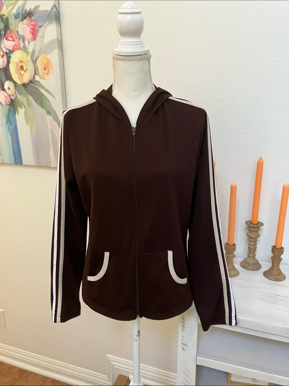 Vintage Self Esteem women’s Brown Hooded Utility Jacket with Cream Trim